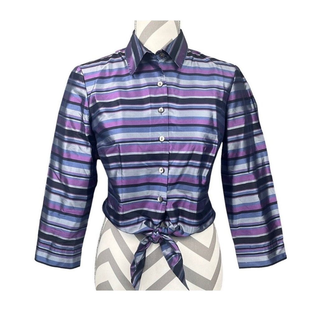 Ann Taylor 100% Silk Blouse Purple Blue Striped Button Front Top Collar Shirt